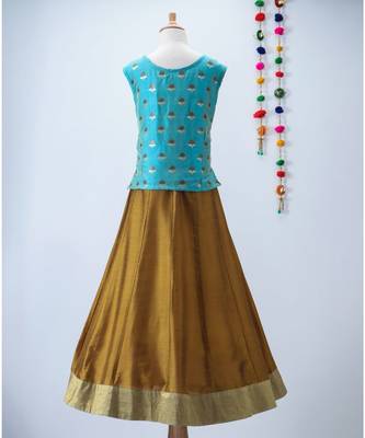 blue woven brocade kids lehenga choli 4