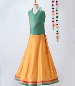 green woven brocade kids lehenga choli