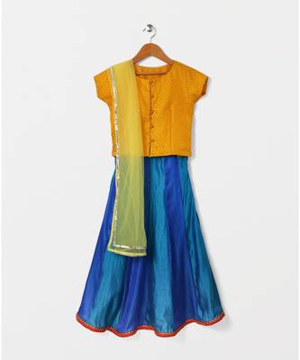 yellow woven brocade kids lehenga choli 1
