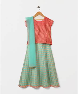 pink woven brocade kids lehenga choli 1