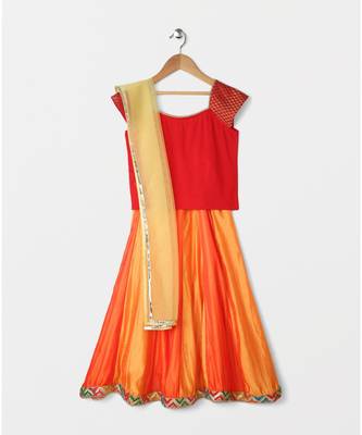 red plain art silk kids lehenga choli 1