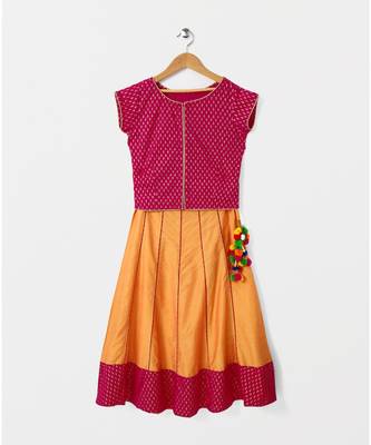 pink golden print cotton kids lehenga choli 1