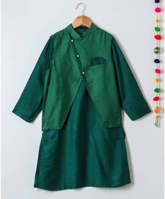 green plain tussar boys kurta 1