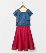 blue woven brocade kids lehenga choli