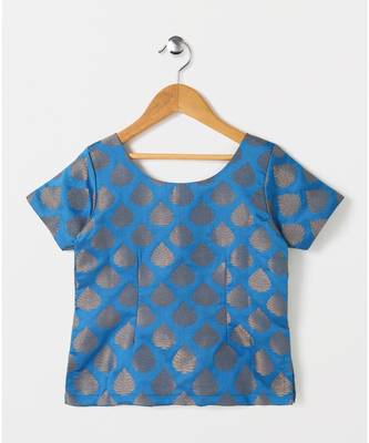blue woven brocade kids lehenga choli 3