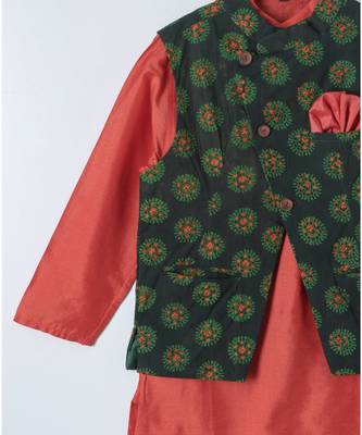 orange printed cotton boys kurta with jacket 2