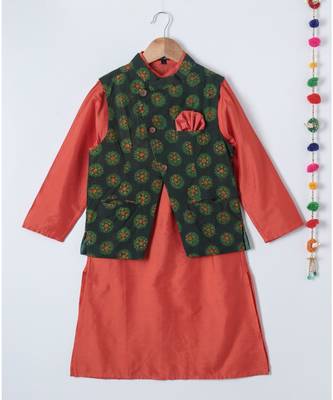 orange printed cotton boys kurta with jacket 1