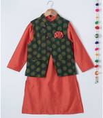 orange printed cotton boys kurta with jacket