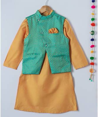 yellow woven cotton boys kurta with nehru jacket 1