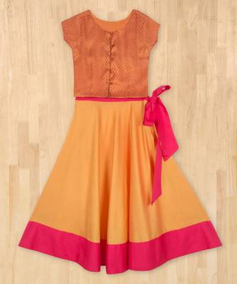 orange woven brocade kids lehenga choli 1