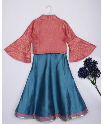 pink woven brocade kids lehenga choli 2