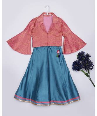 pink woven brocade kids lehenga choli 1