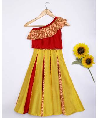 red plain cotton kids lehenga choli 1