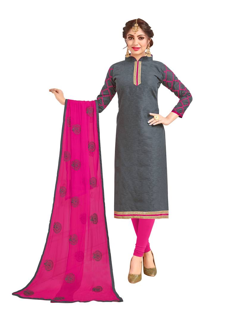 Grey Jacquard Embroidered Dress Material With Thread Work Dupatta