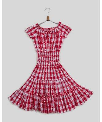 red plain cotton kids frocks 3