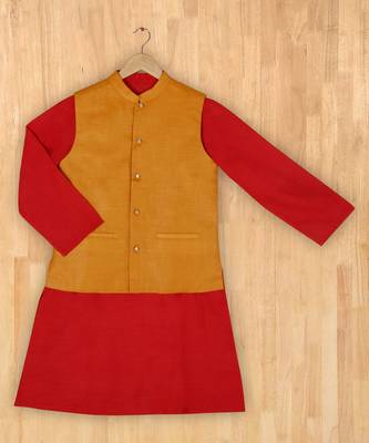 red plain linen boys kurta 1