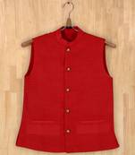 red plain linen boys nehru jacket