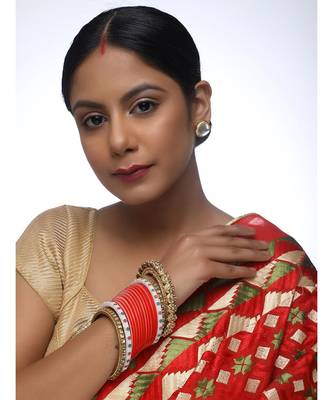 Red Chuda With Kundan Bangles & Heavy Meenakari Pearl Bangles 1