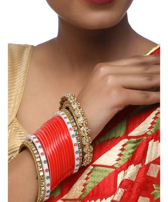 Red Chuda With Kundan Bangles & Heavy Meenakari Pearl Bangles 2