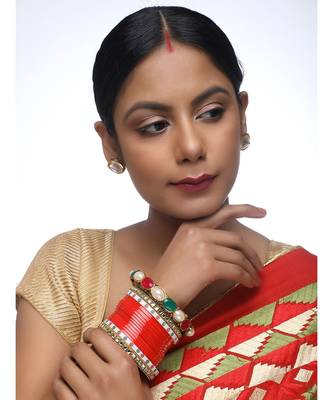 Red Chuda With Kundan Bangles & Heavy Meenakari Pearl Bangles 1