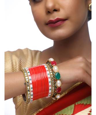 Red Chuda With Kundan Bangles & Heavy Meenakari Pearl Bangles 2