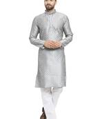 Embellished Brocade Kurta In Grey With Aligarh By Treemoda