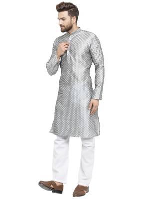 Embellished Brocade Kurta In Grey With Aligarh By Treemoda 3