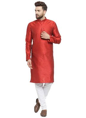 Embellished Brocade Kurta In Red With Churidar By Treemoda 1