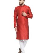 Embellished Brocade Kurta In Red With Churidar By Treemoda