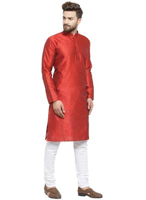 Embellished Brocade Kurta In Red With Churidar By Treemoda 3