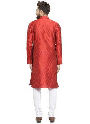 Embellished Brocade Kurta In Red With Churidar By Treemoda 4