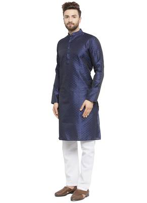 Embellished Brocade Kurta In Navy Blue With Aligarh By Treemoda 3