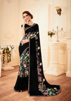 Black printed georgette saree with blouse 1