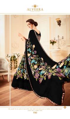 Black printed georgette saree with blouse 2