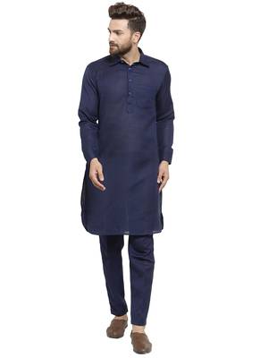 Designer Navy Blue Pathani Lenin Kurta With Pants For A Royal Look By Treemoda 1