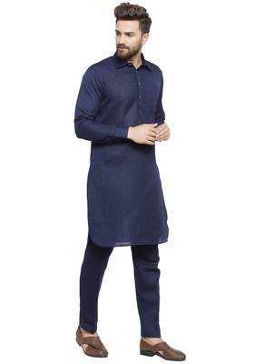 Designer Navy Blue Pathani Lenin Kurta With Pants For A Royal Look By Treemoda 3
