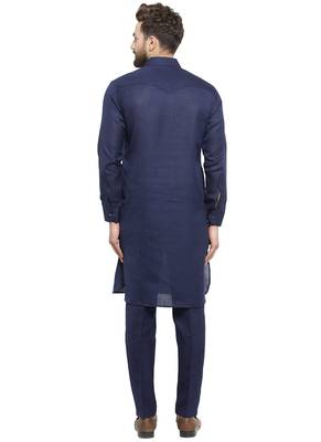 Designer Navy Blue Pathani Lenin Kurta With Pants For A Royal Look By Treemoda 4