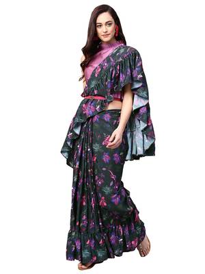 Black And Purple Ruffled Saree With Blouse 1