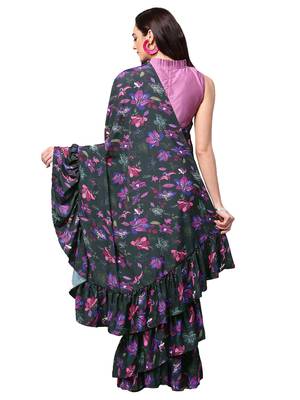 Black And Purple Ruffled Saree With Blouse 2