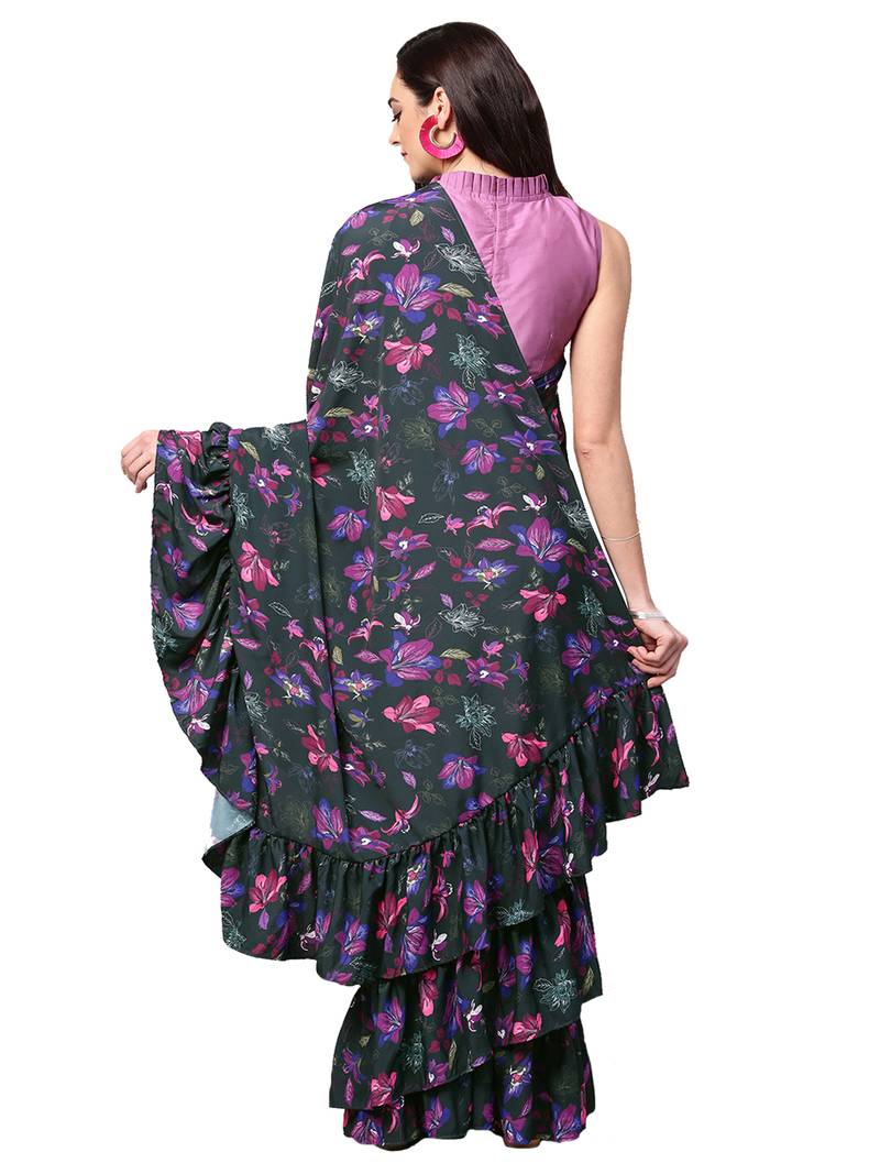Black And Purple Ruffled Saree With Blouse
