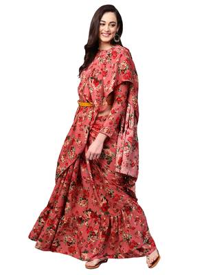 Pink Floral Printed Ruffle Saree With Blouse 1