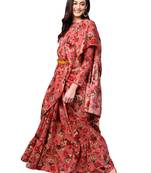 Pink Floral Printed Ruffle Saree With Blouse