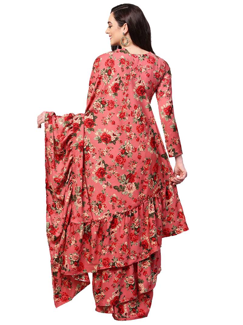 Pink Floral Printed Ruffle Saree With Blouse