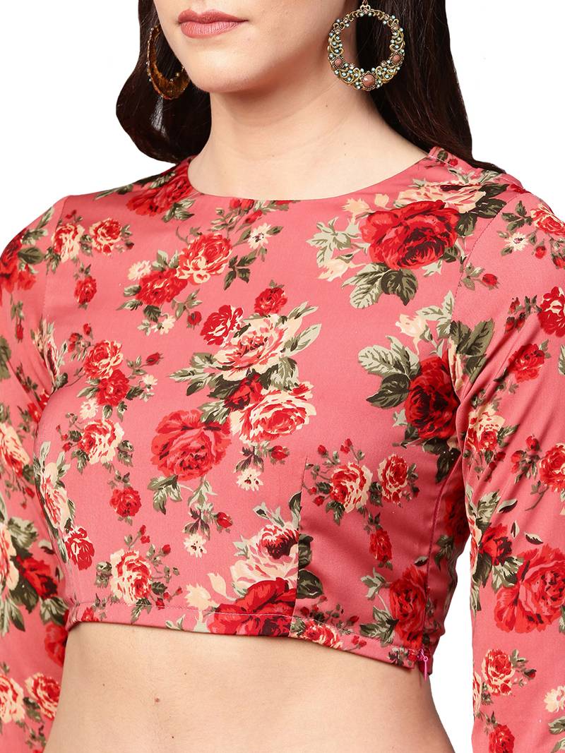 Pink Floral Printed Ruffle Saree With Blouse