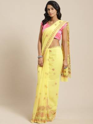 Ada Hand Embroidered Lucknow Chikan Yellow Faux Georgette Women Saree With Blouse - A381003 1