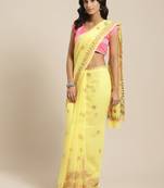 Ada Hand Embroidered Lucknow Chikan Yellow Faux Georgette Women Saree With Blouse - A381003
