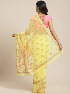 Ada Hand Embroidered Lucknow Chikan Yellow Faux Georgette Women Saree With Blouse - A381003 2