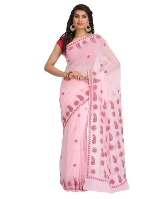 Ada Hand Embroidered Pink Faux Georgette Lucknowi Chikankari Saree With Blouse - A191575 1