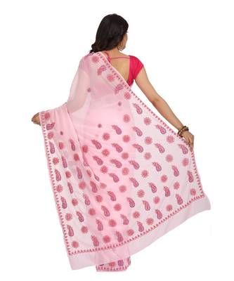 Ada Hand Embroidered Pink Faux Georgette Lucknowi Chikankari Saree With Blouse - A191575 2