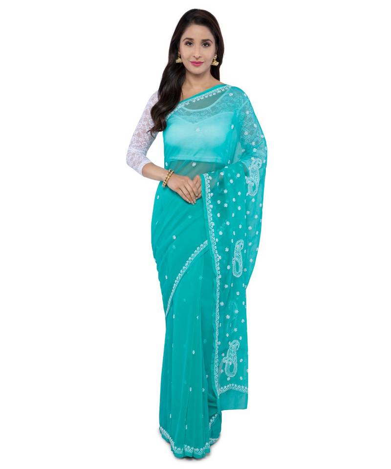 Ada Hand Embroidered Green Faux Georgette Lucknow Chikan Saree With Blouse